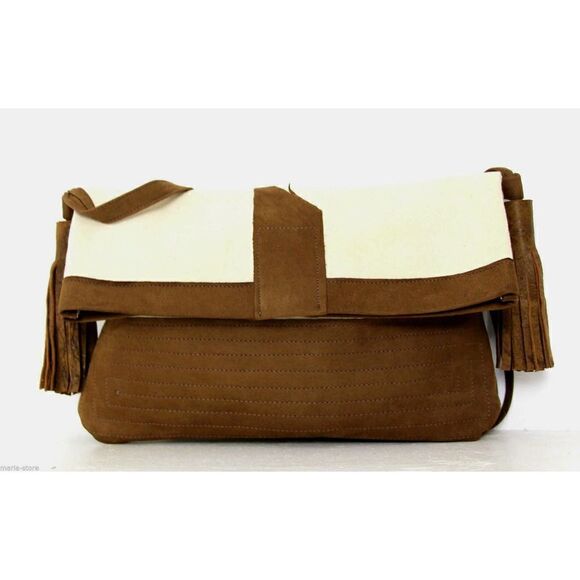 HANDMADE MURKA NATURAL IVORY CANVAS BROWN LEATHER TASSEL FOLD OVER SHOULDER BAG - Picture 2 of 11